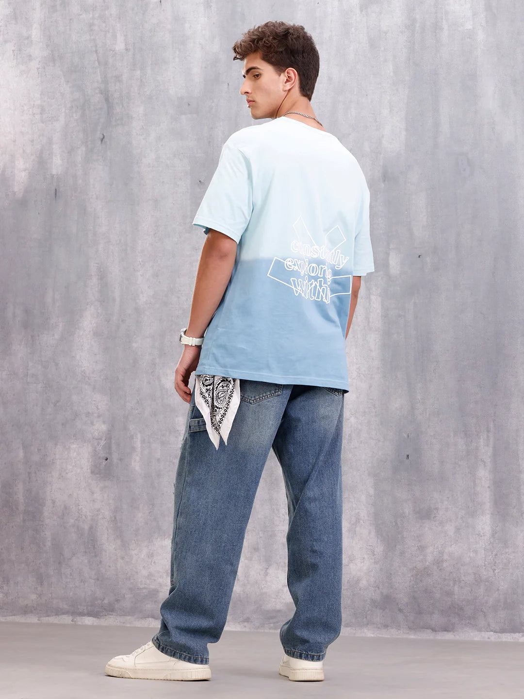 Ombre Dyed Back Graphic Puff Printed Oversized Fit T-Shirt | Light Blue