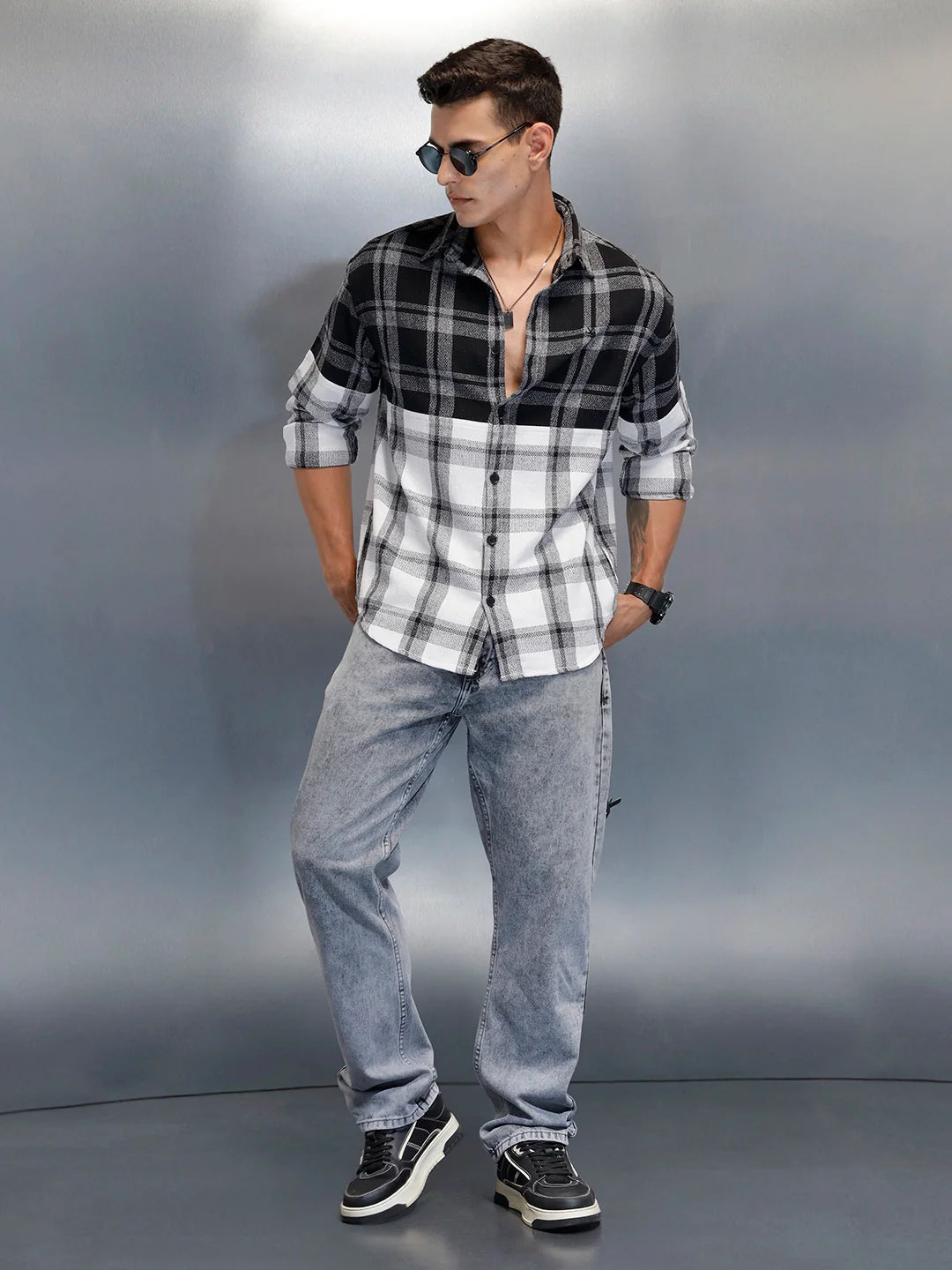 Men's Casual Oversized Fit Checkered Pattern Shirt | Black