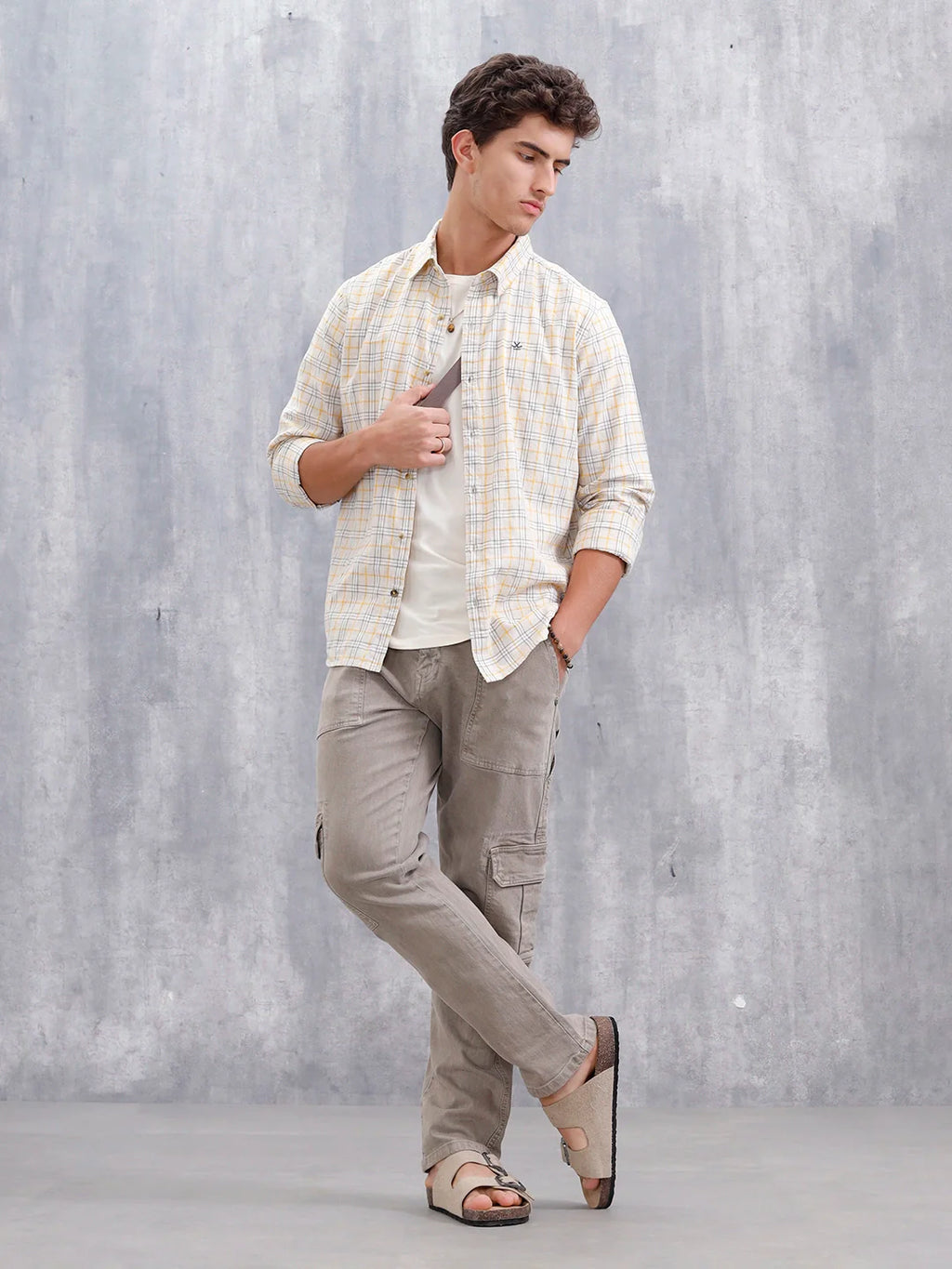 Men Checkered Pattern Slim Fit Shirt  | Beige