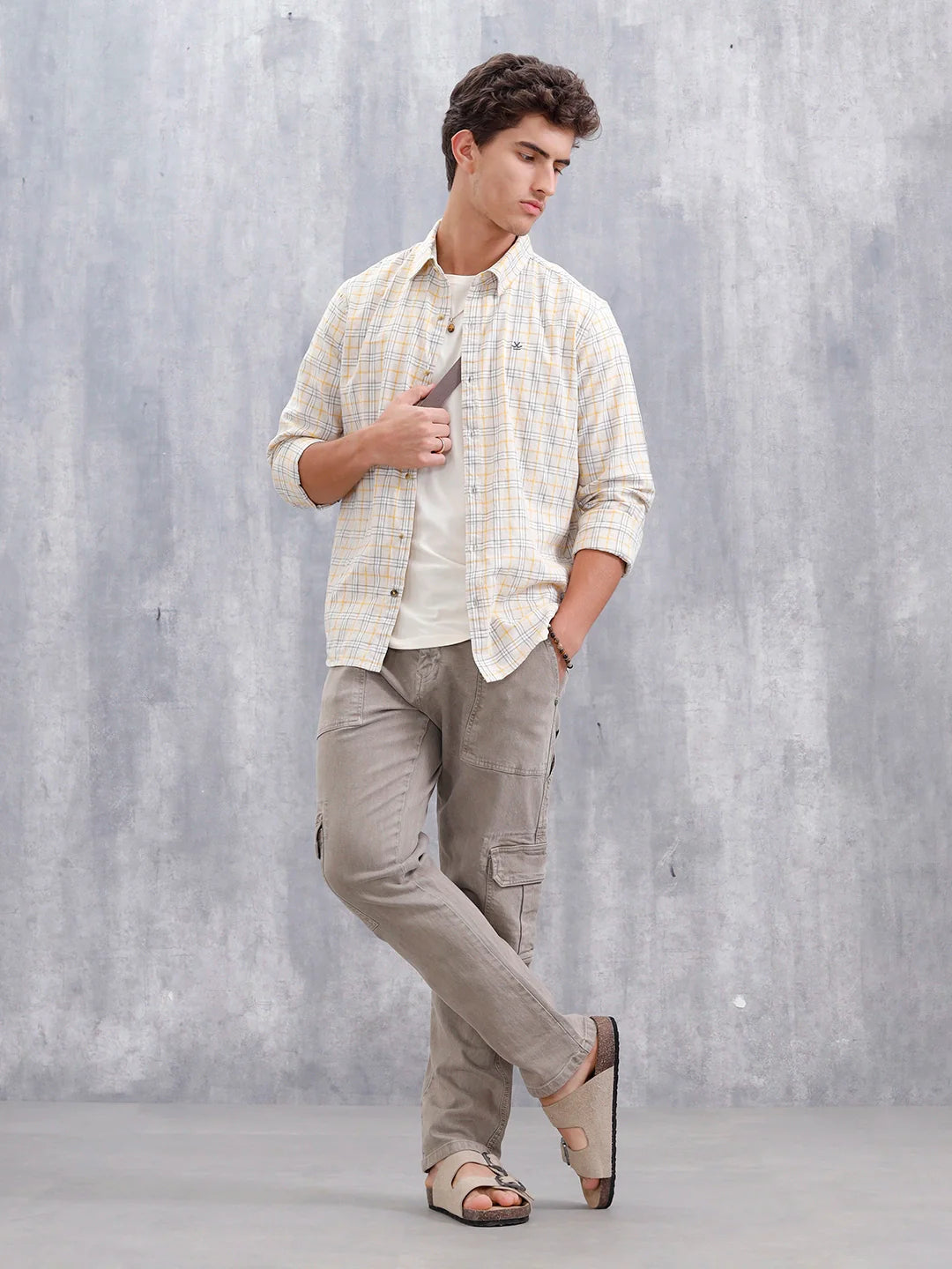 Men Checkered Pattern Slim Fit Shirt  | Beige