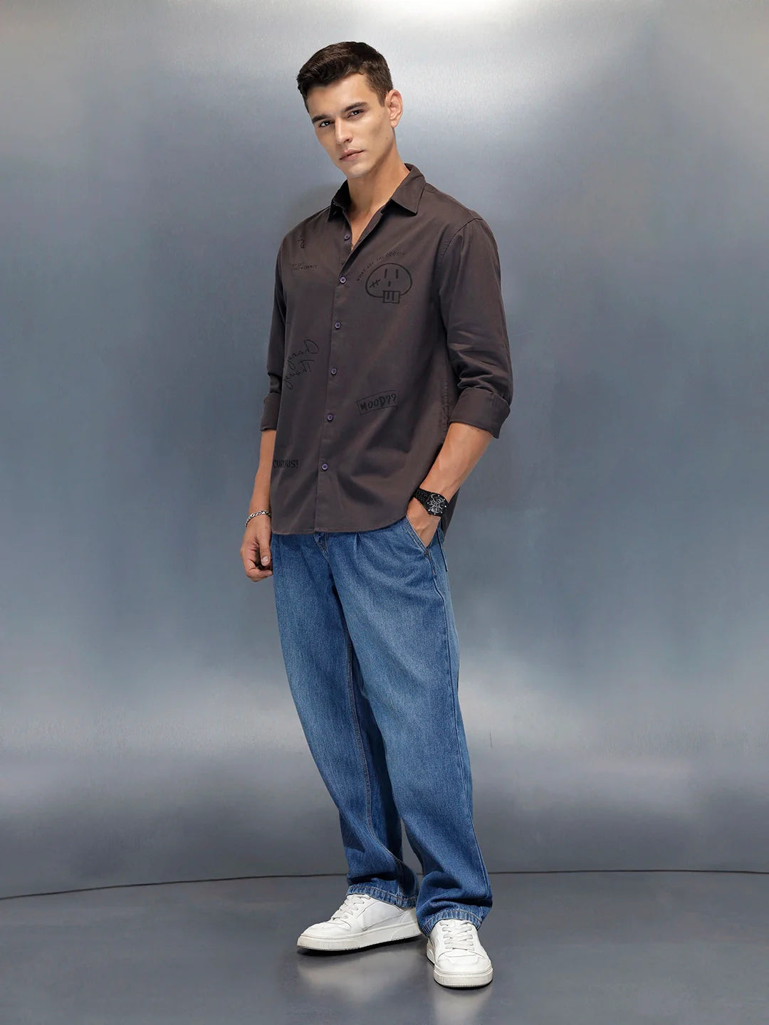 Men's Casual Regualr Fit Shirt With Placement Print | Dark Grey