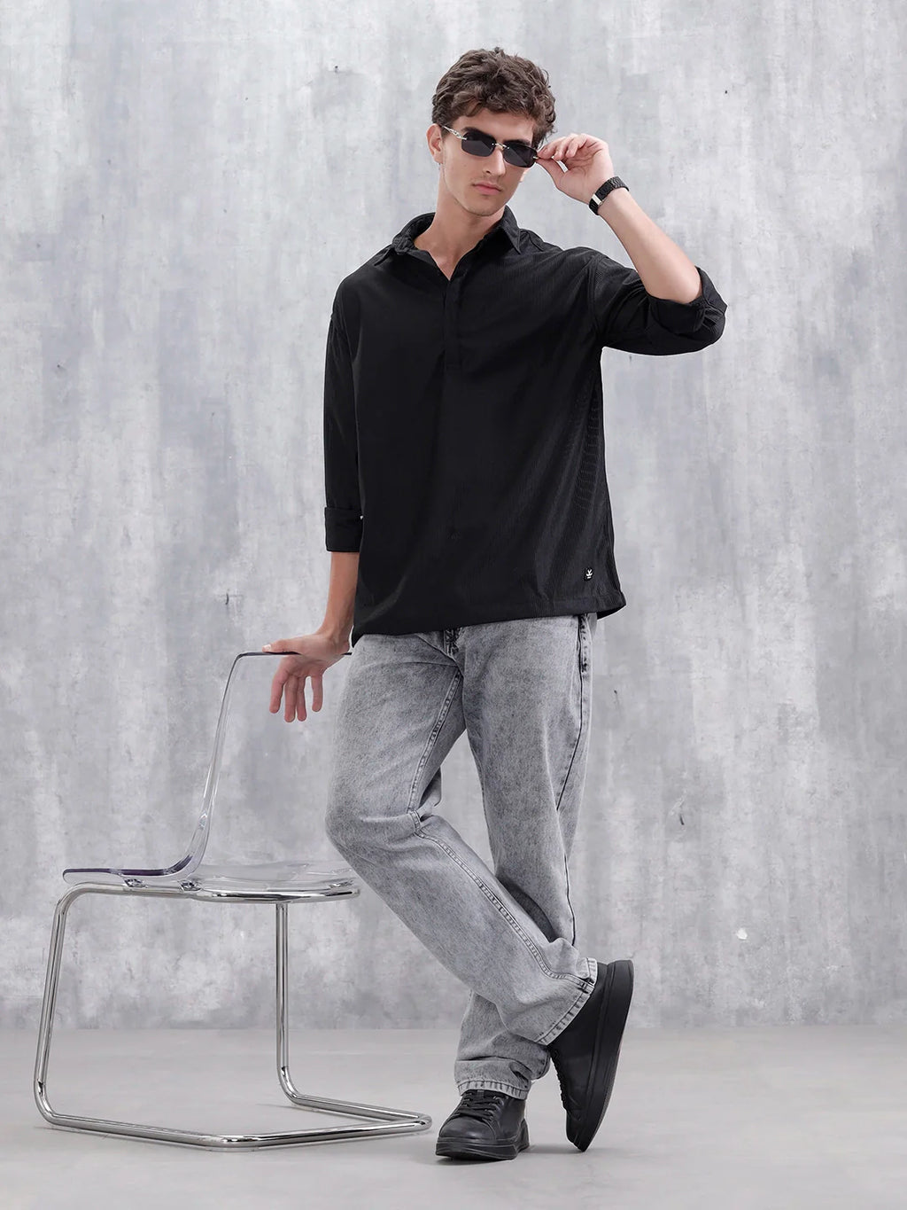 Textured Men Casual Oversized Fit Shirt | Black