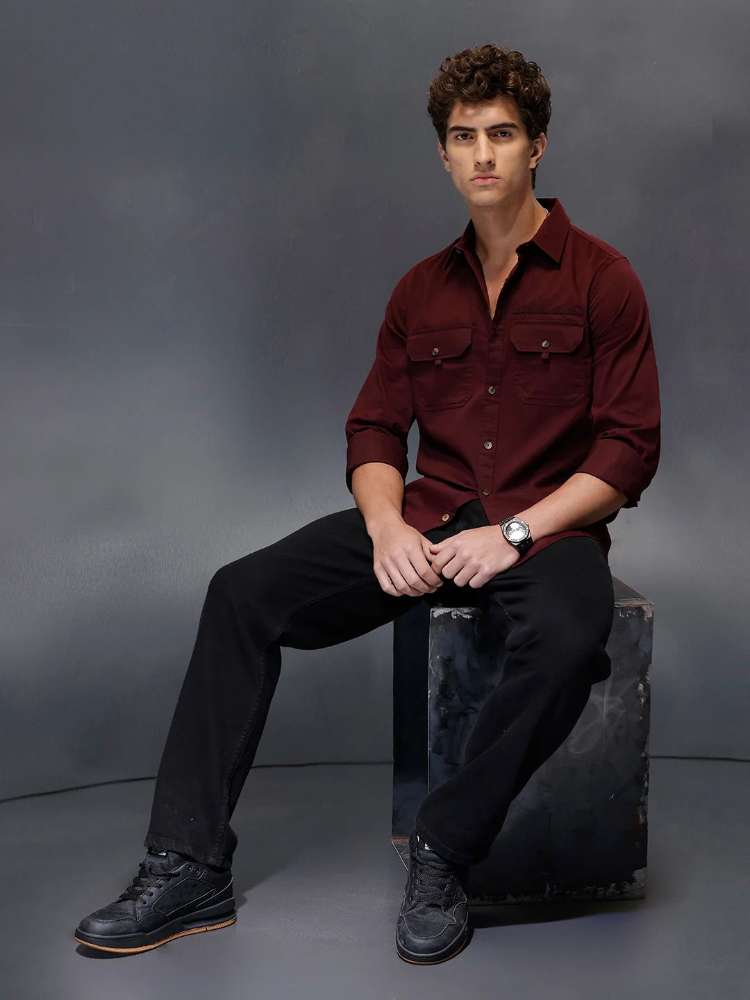 Men's Slim Fit Casual Shirt with Double Pocket  |  Wine