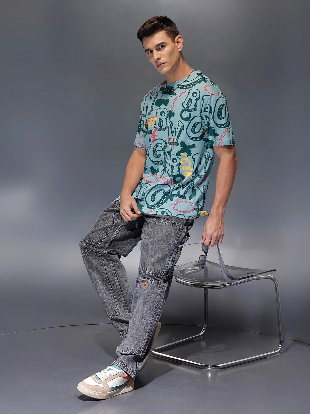 Men's oversized all-over graphic print T-shirt | Teal