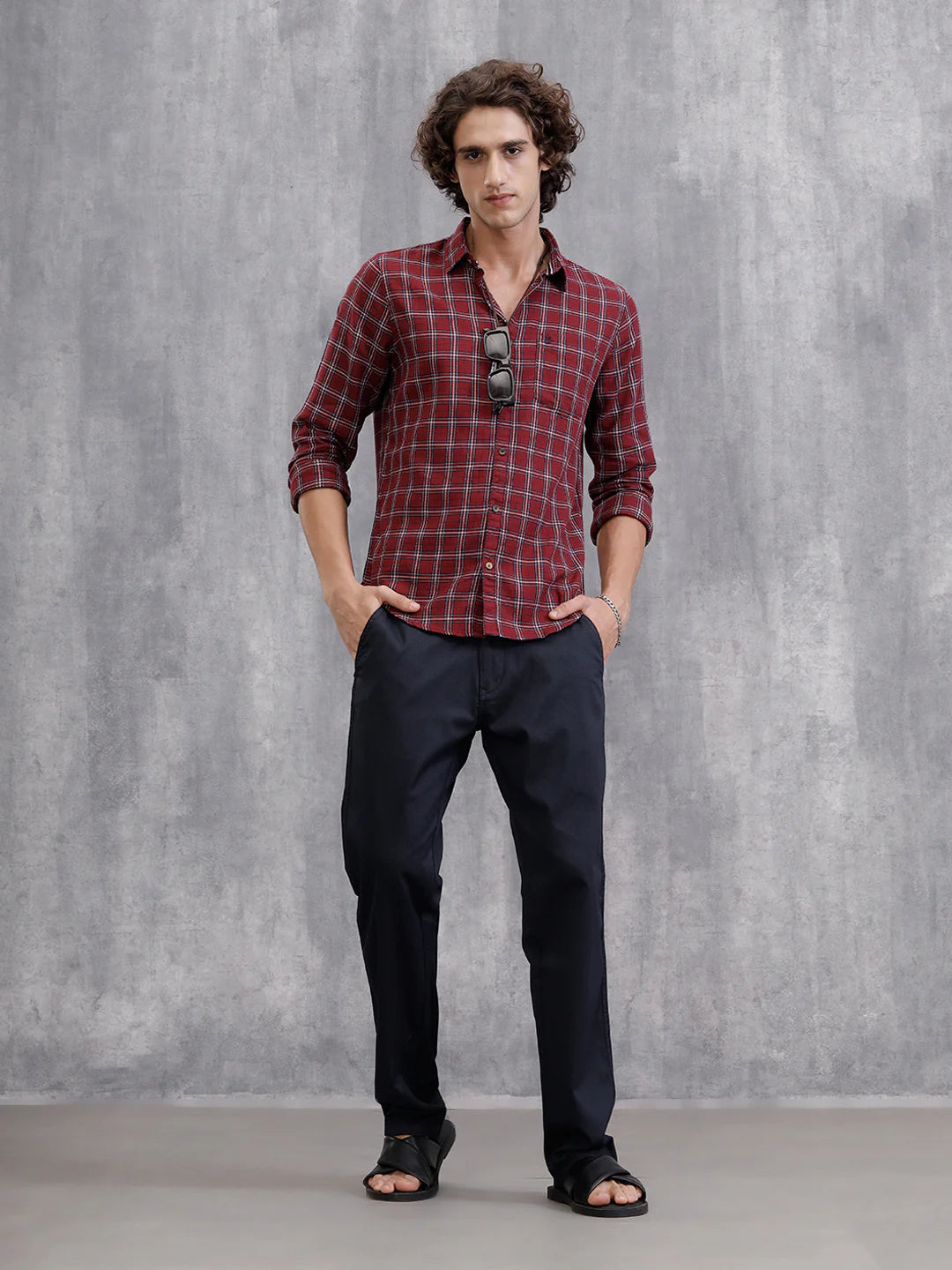 Textured Cotton Dobby Check Shirt | Red