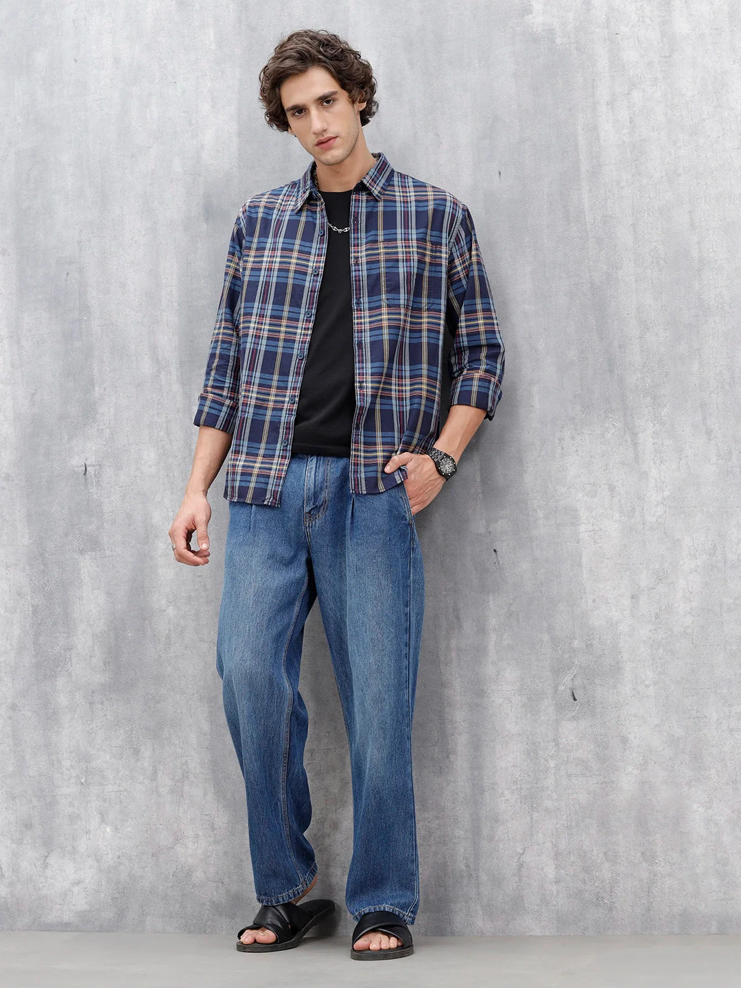 Wrogn Comfort Fit Checkered Shirt  | Navy Blue
