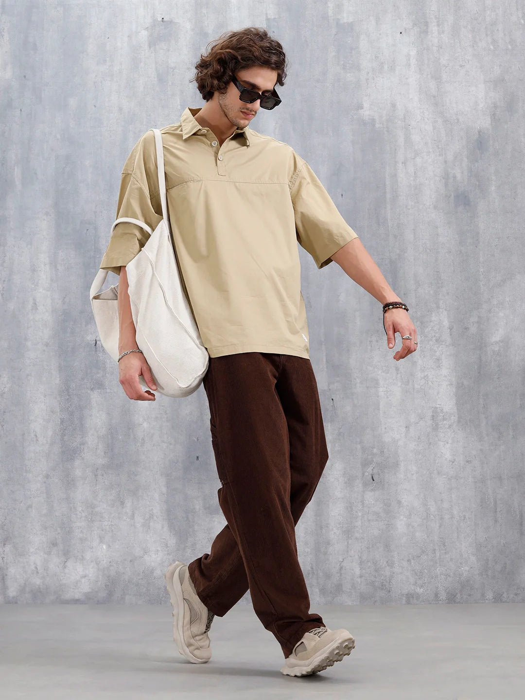 Oversized Half-Placket Shirt  | Khaki