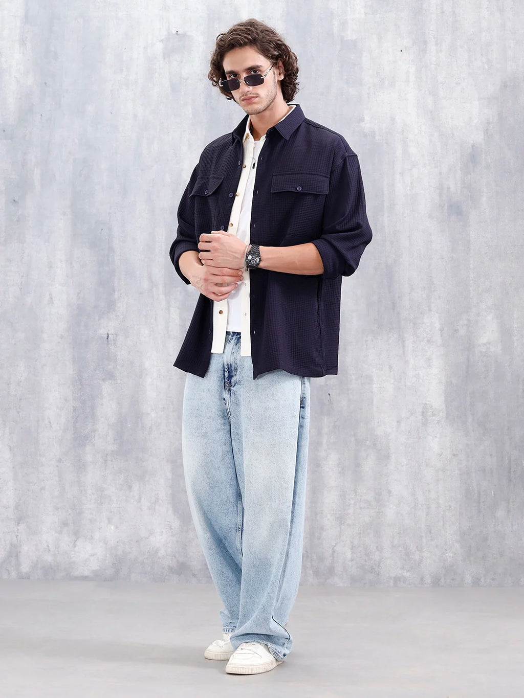 Men's Casual Solid Double Pocket Oversized Fit Shirt | Black