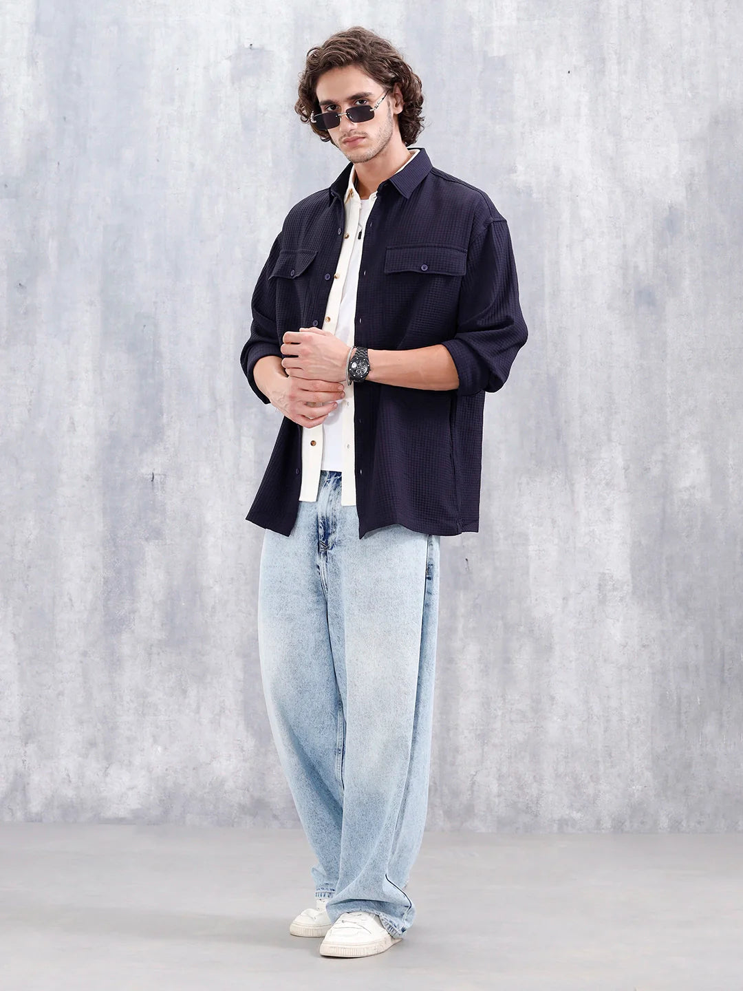 Men's Casual Solid Double Pocket Oversized Fit Shirt | Black