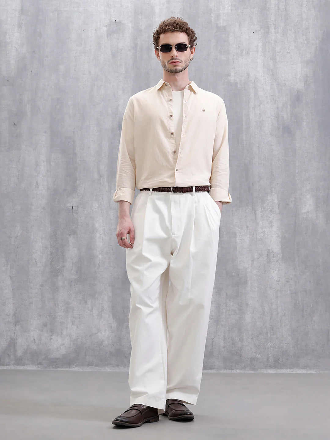 Solid Linen Blend Slim Fit Shirt | Beige