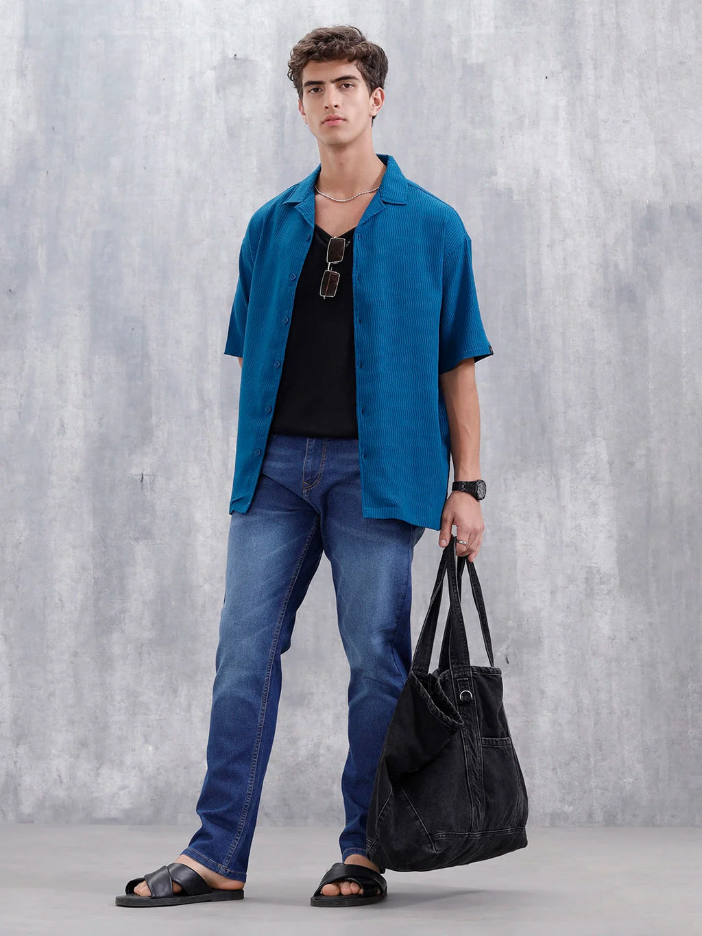 Men's Solid Self Structured Oversized Fit Resort Shirt | Teal