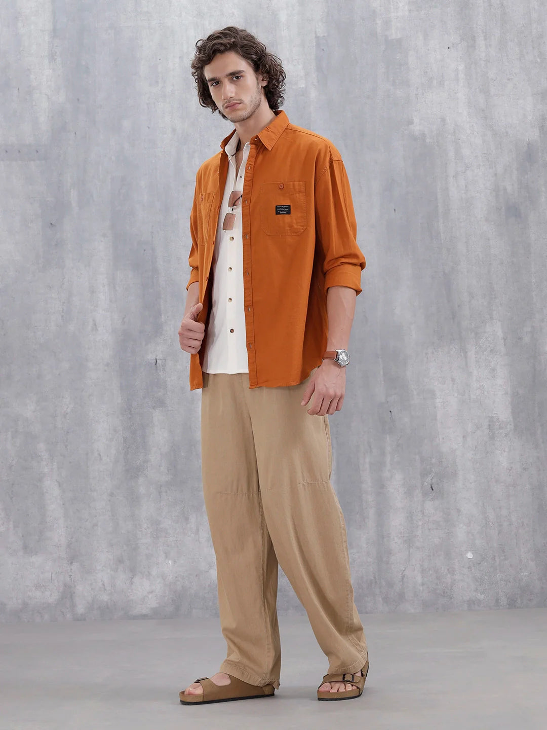 Men's Casual Solid Double Pocket Oversized Fit Shirt | Orange