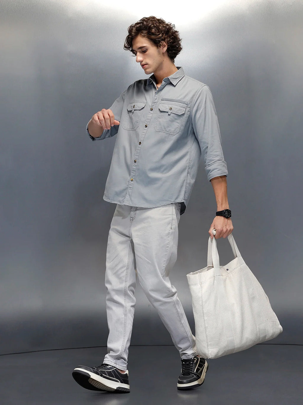 Men's casual slim fit double pocket shirt | Grey