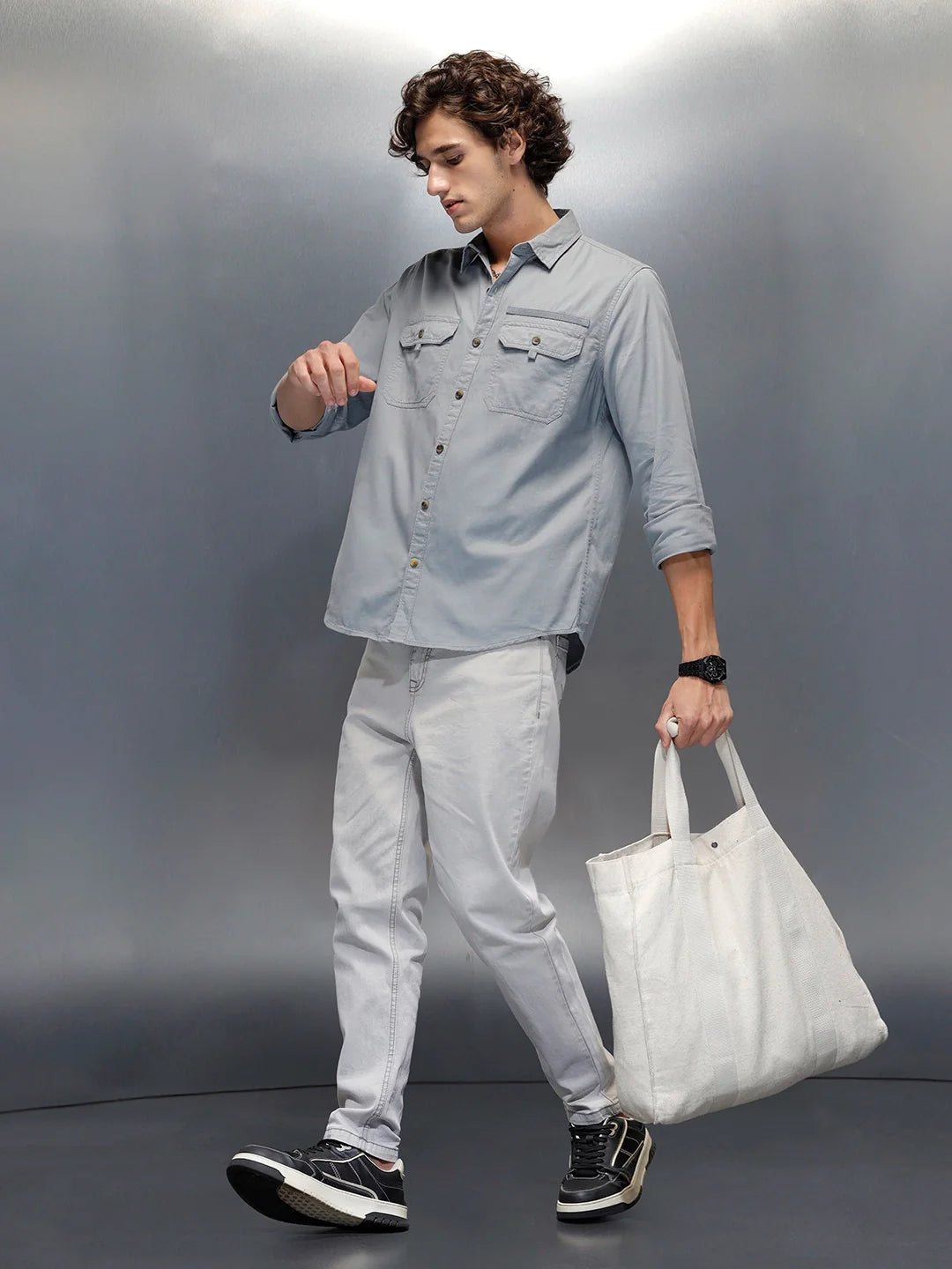 Men's casual slim fit double pocket shirt | Grey