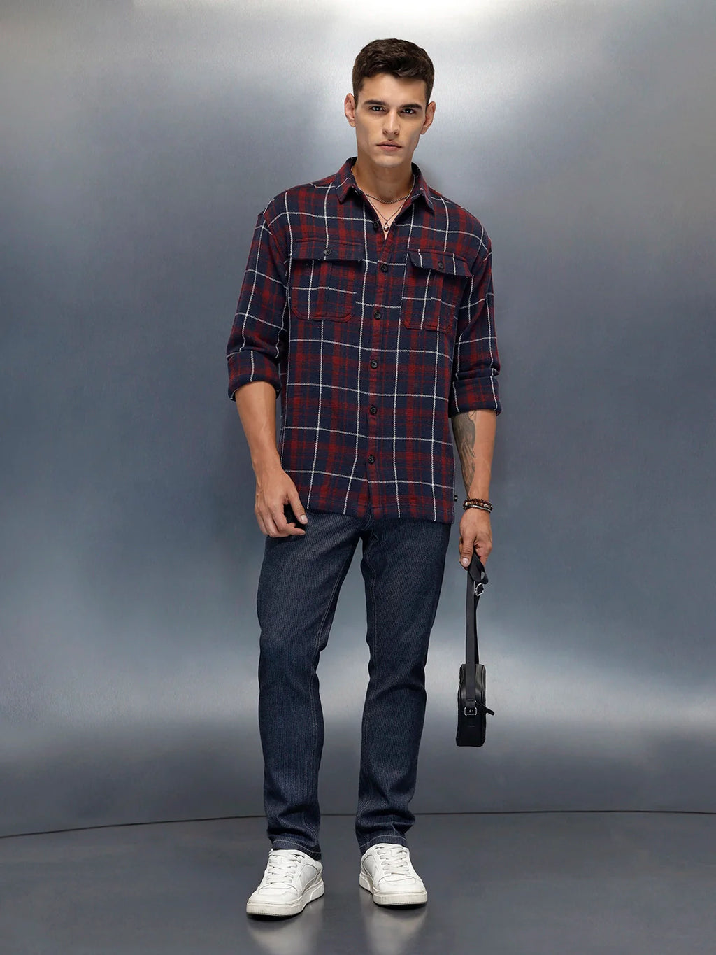 Men's Casual Oversized Fit Checkered Pattern Shirt | Navy Blue