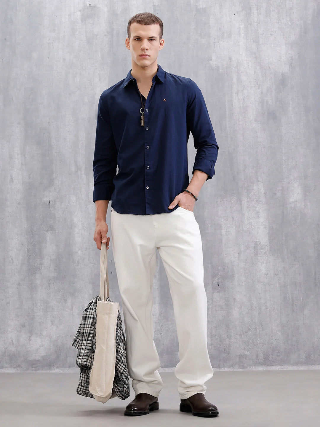 Solid Linen Blend Shirt  | Navy Blue