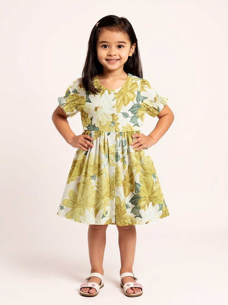 Utsa Kids Yellow Floral Design A-Line Cotton-Blend Dress (2-8 Years)