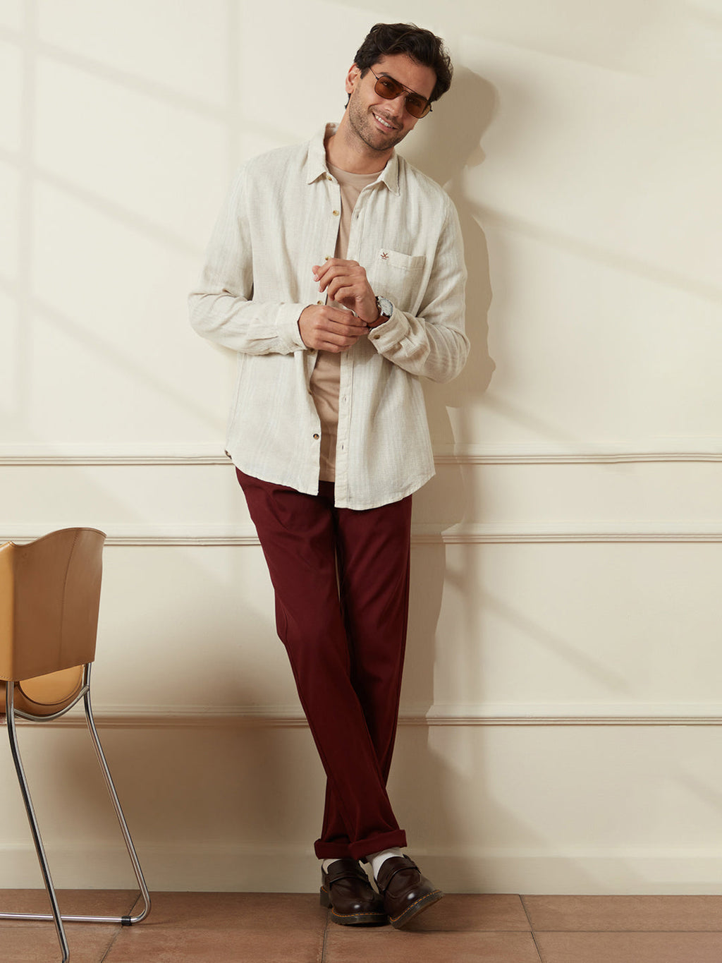 Textured Slim Fit Casual Shirt | Beige