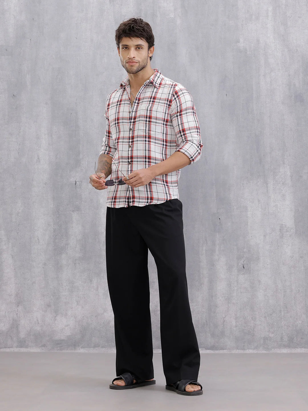 Textured Classic Plaid Check Casual Shirt For Men | White