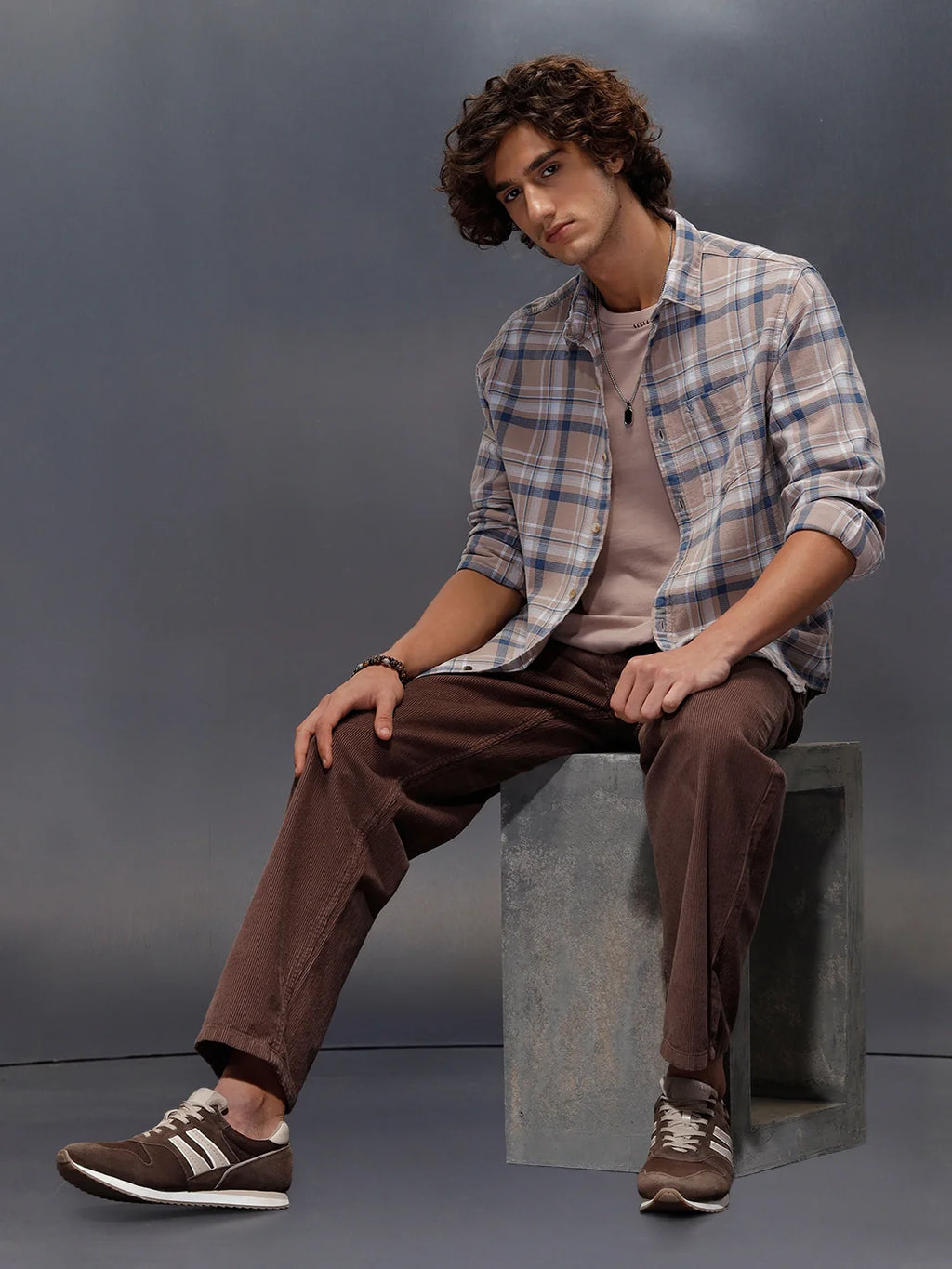 Textured Comfort Fit Checkered Pattern Shirt With Branding | Khaki