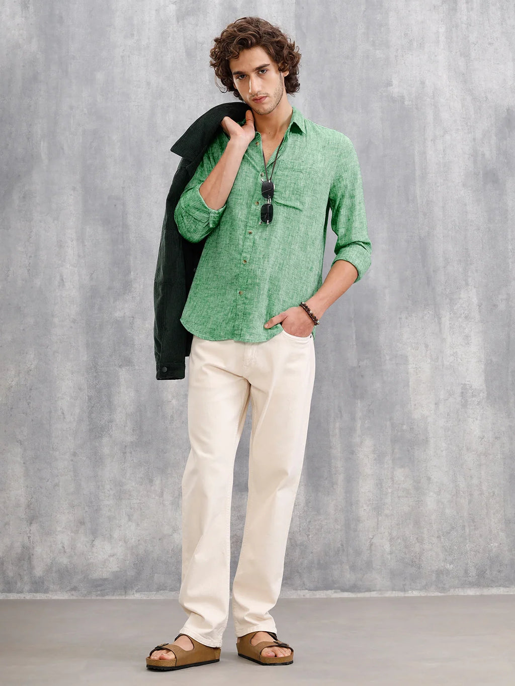 Melange Look 100%Cotton Regular Fit Shirt | Green
