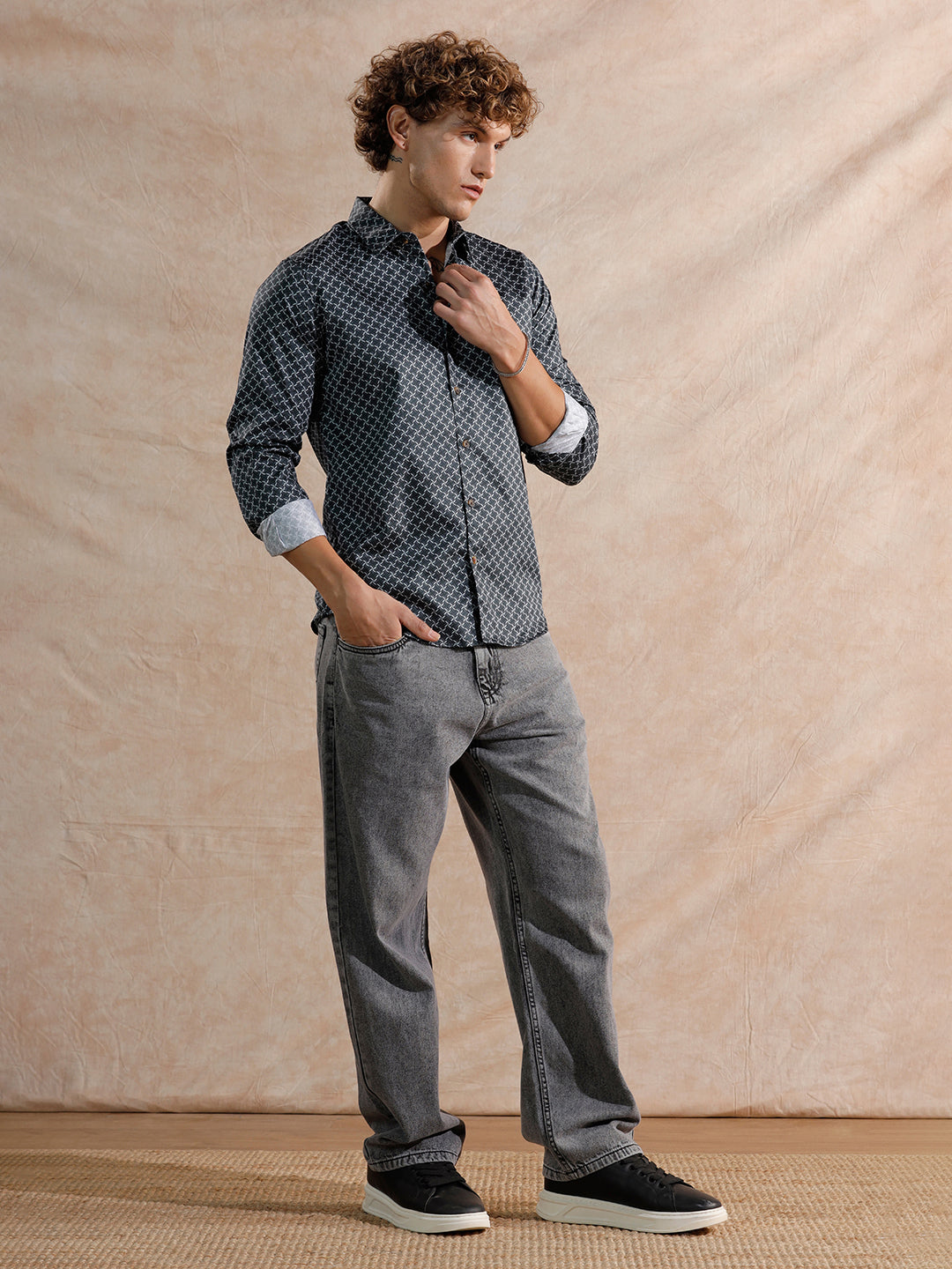 Printed Satin Slim Fit Shirt | Black