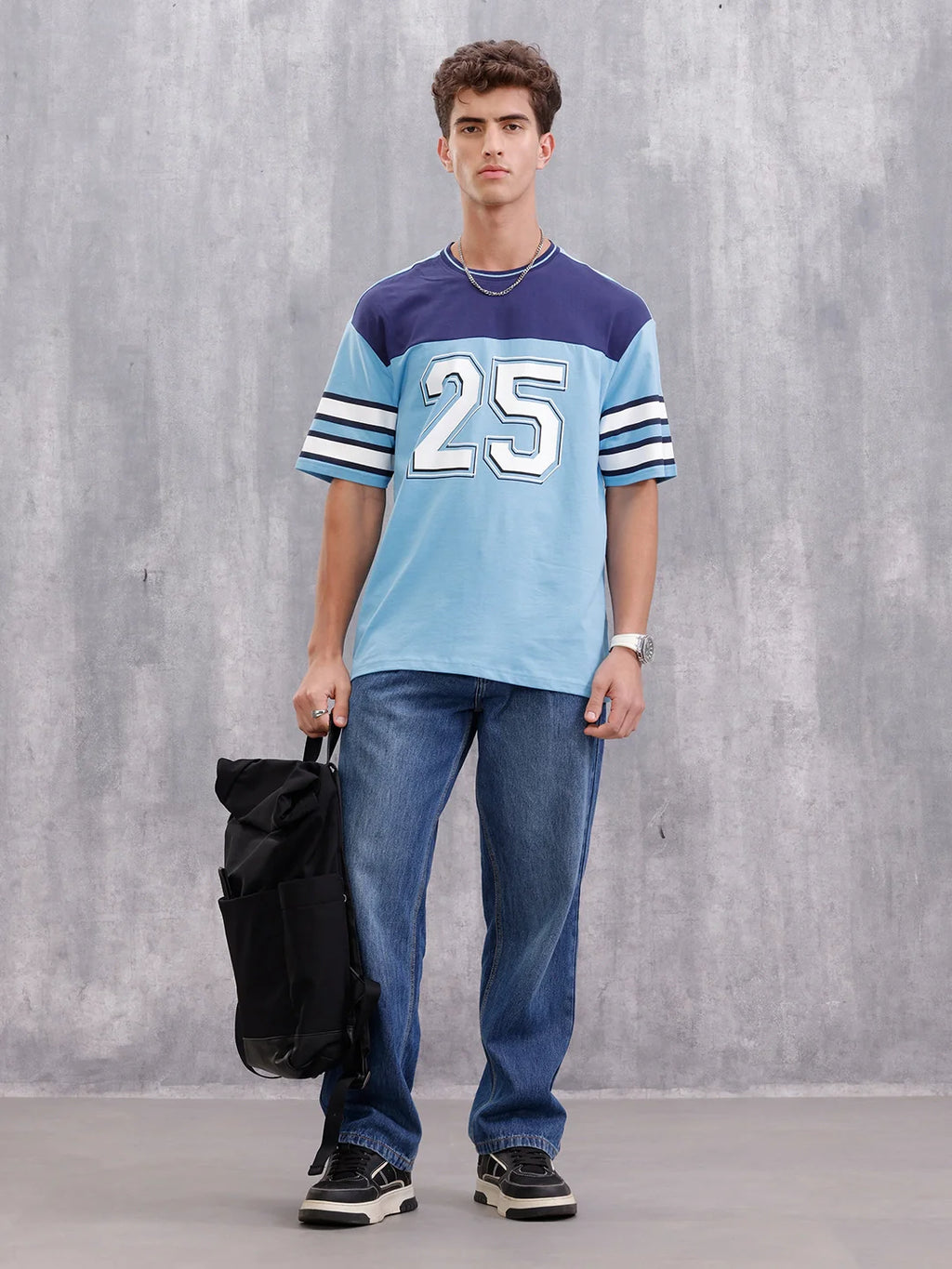 Men’s Colorblock Varsity Graphic Oversized Fit T-Shirt | Blue