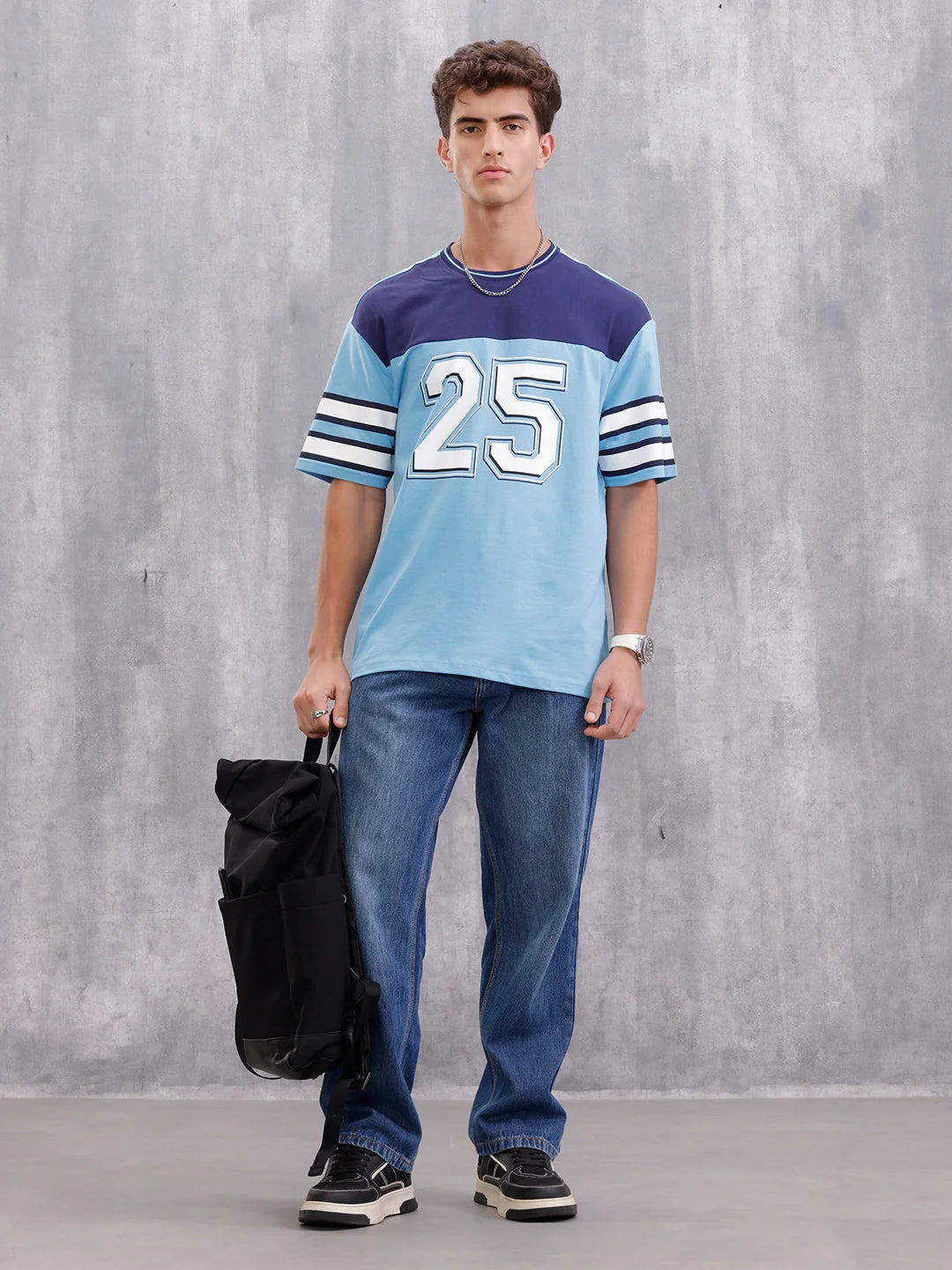 Men’s Colorblock Varsity Graphic Oversized Fit T-Shirt | Blue