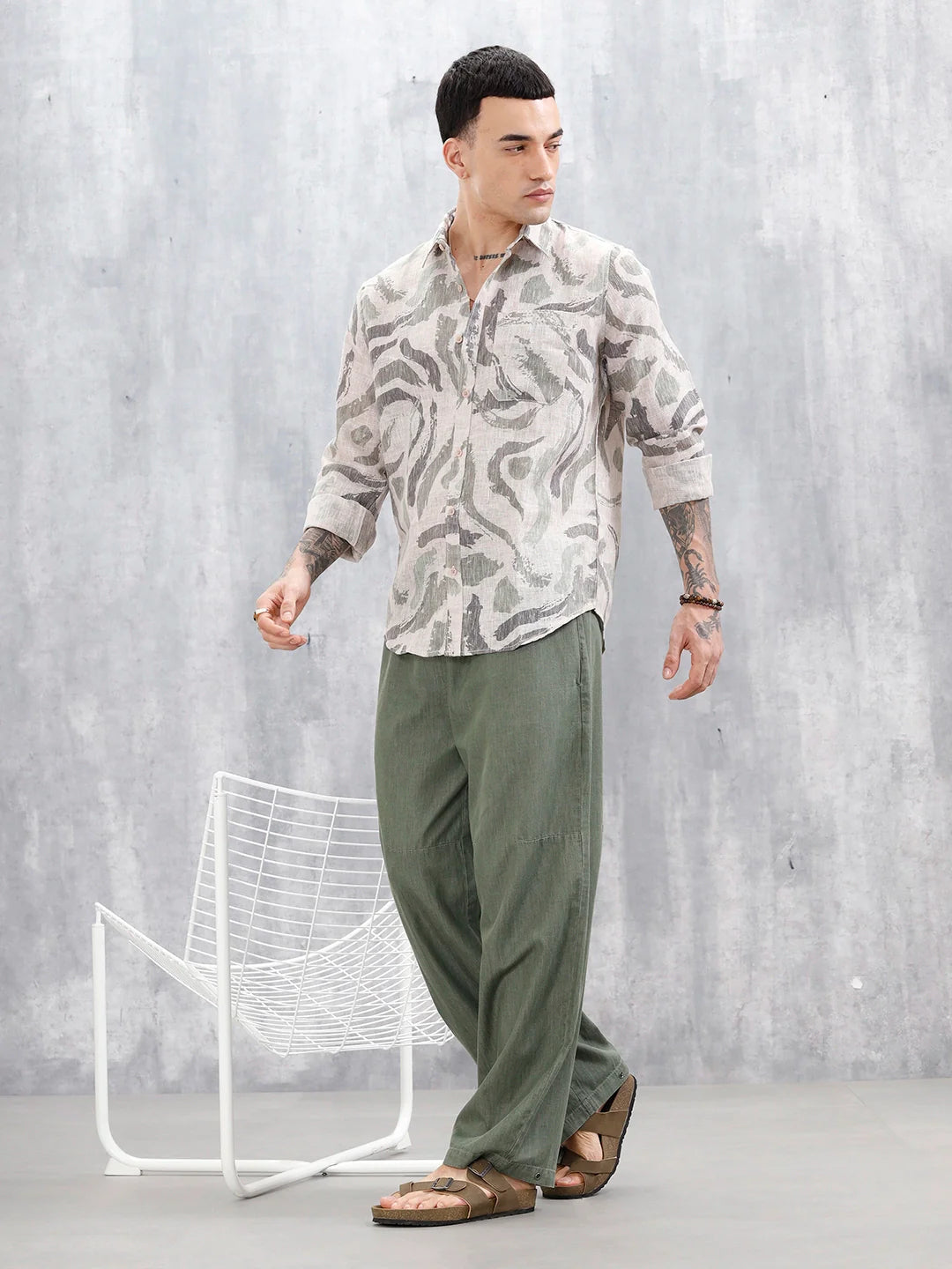 Wrogn Men's Printed Slim Fit Shirt  | Light Green