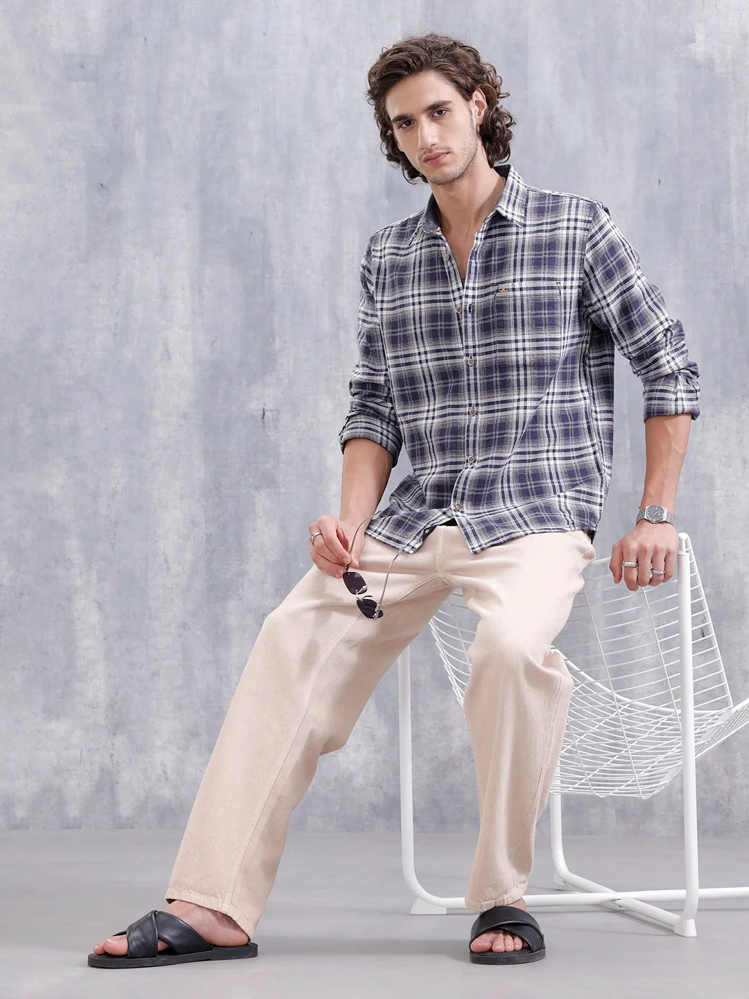 Textured Check Slim Fit Shirt | Navy Blue