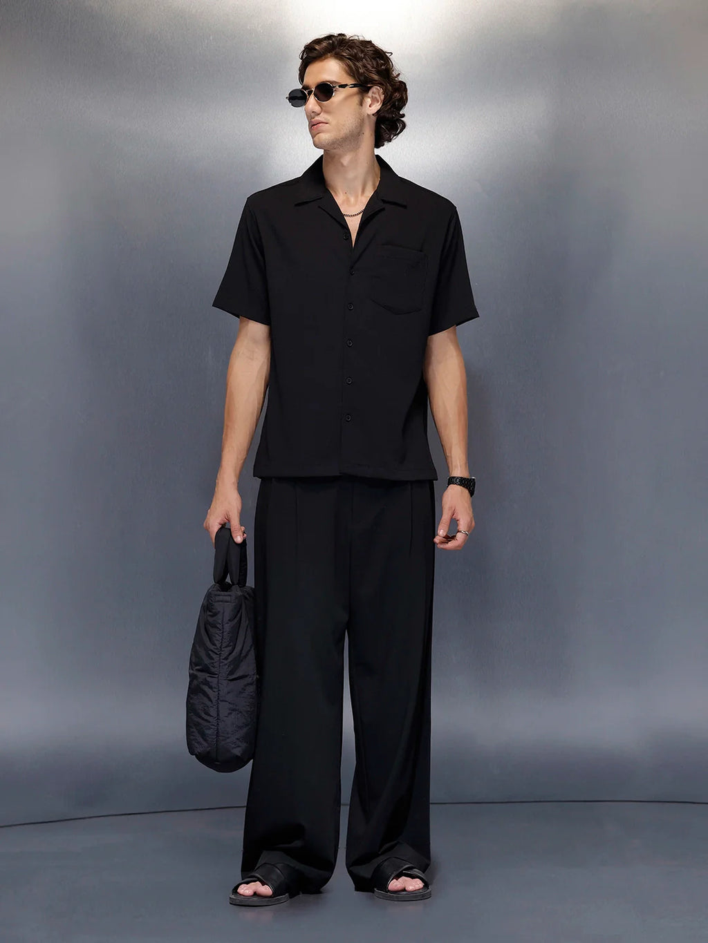 Men’s black casual camp collar shirt | Black