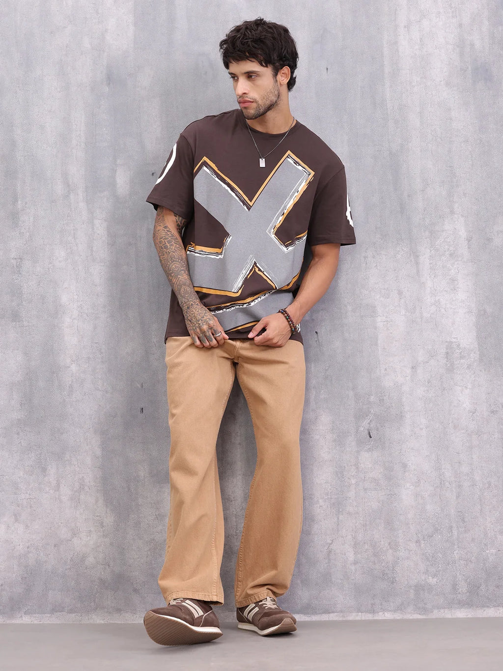 Grafitti Inspired Logo Placement Print Oversized Fit T-Shirt | Brown