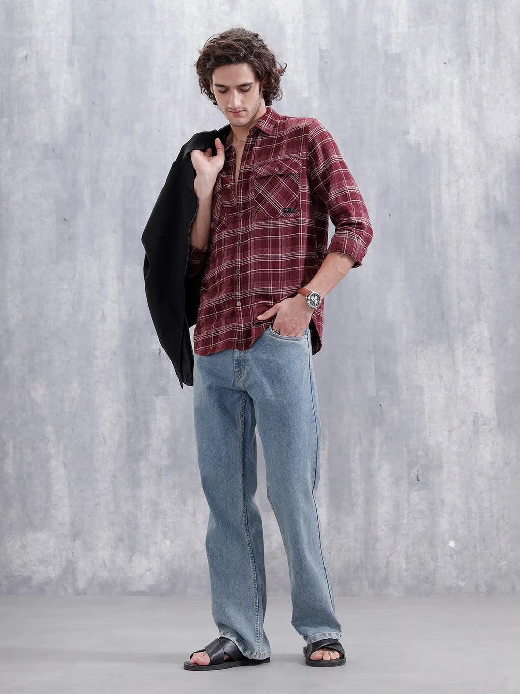 Men’s Double Pocket Checkered Pattern Shirt | Maroon