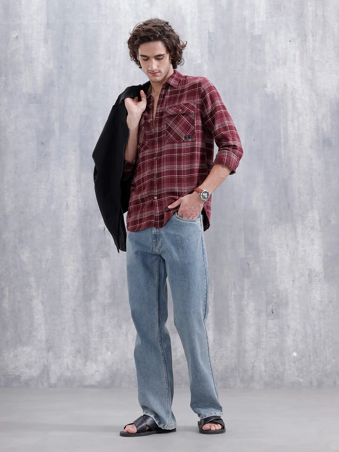 Men’s Double Pocket Checkered Pattern Shirt | Maroon