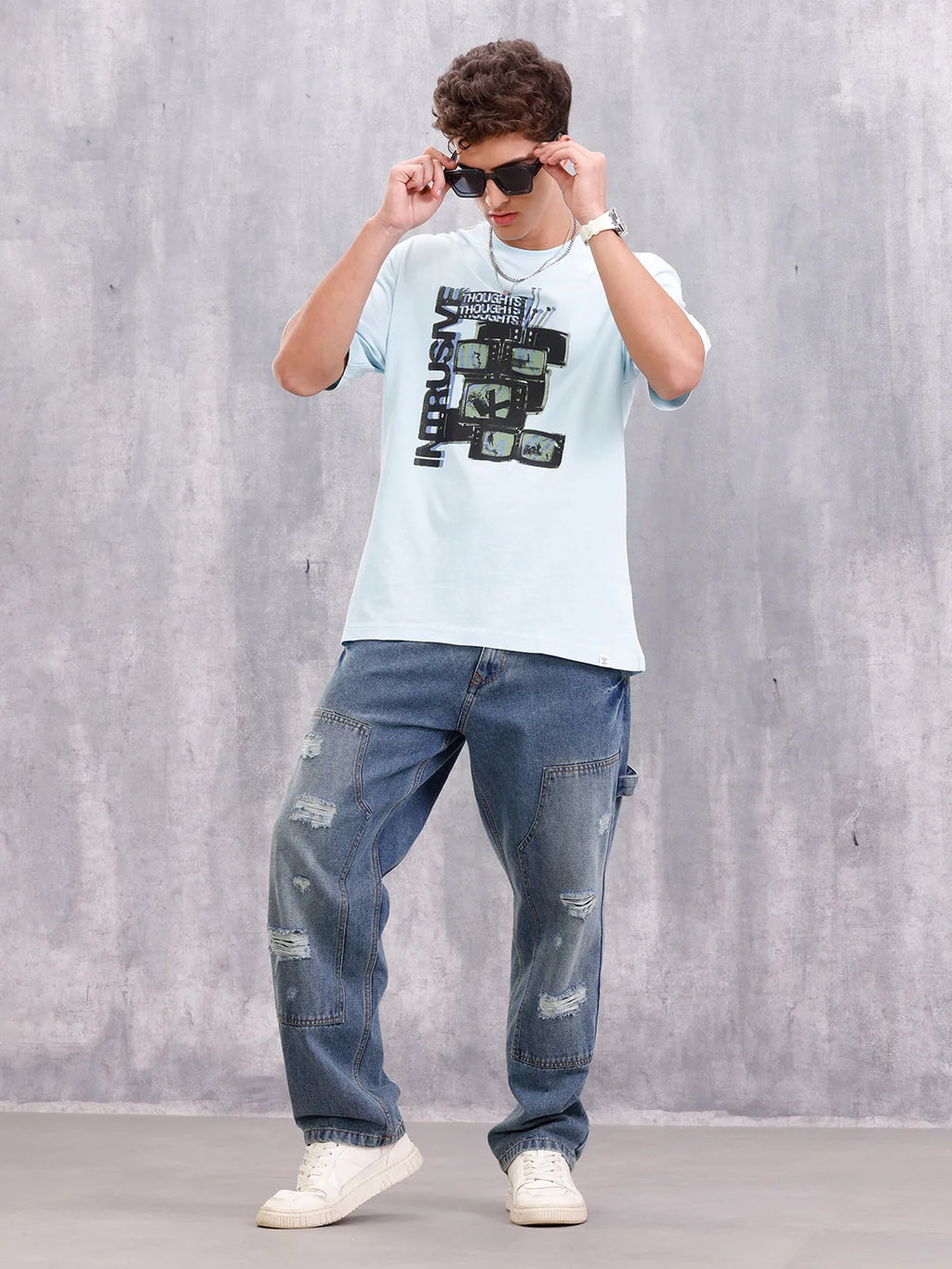 Retro Tv Graphic Printed Oversized Fit Tshirt | Light Blue