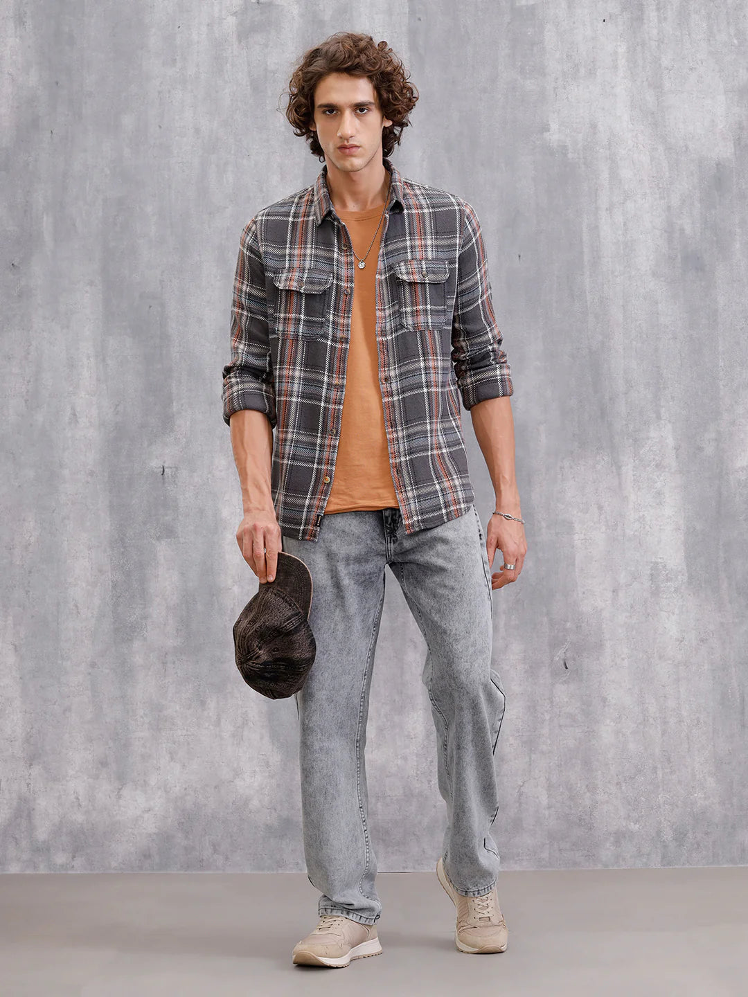 Textured Utility Check Shirt In Slim Fit  | Dark Grey