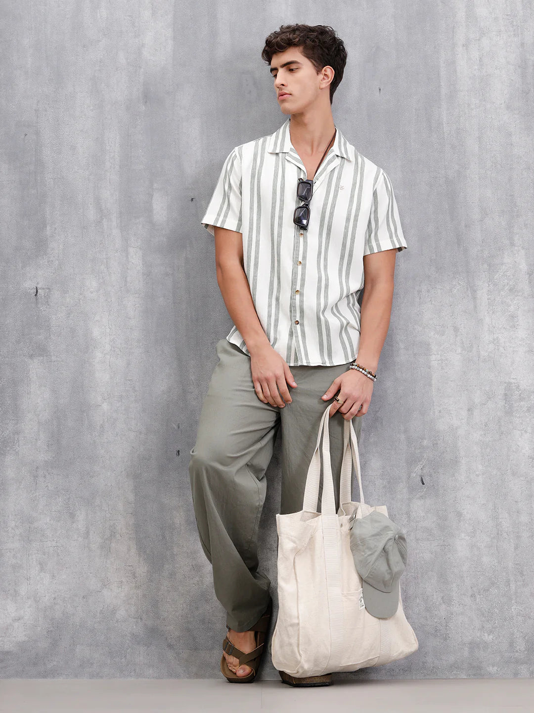 Textured Stripe Shirt In Resort Collar | Green