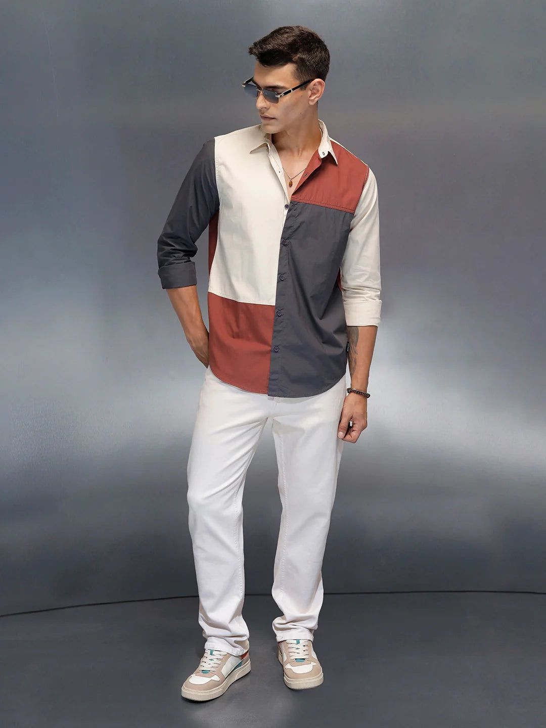 Men's Casual Regular Fit Shirt With Colourblock | Rust