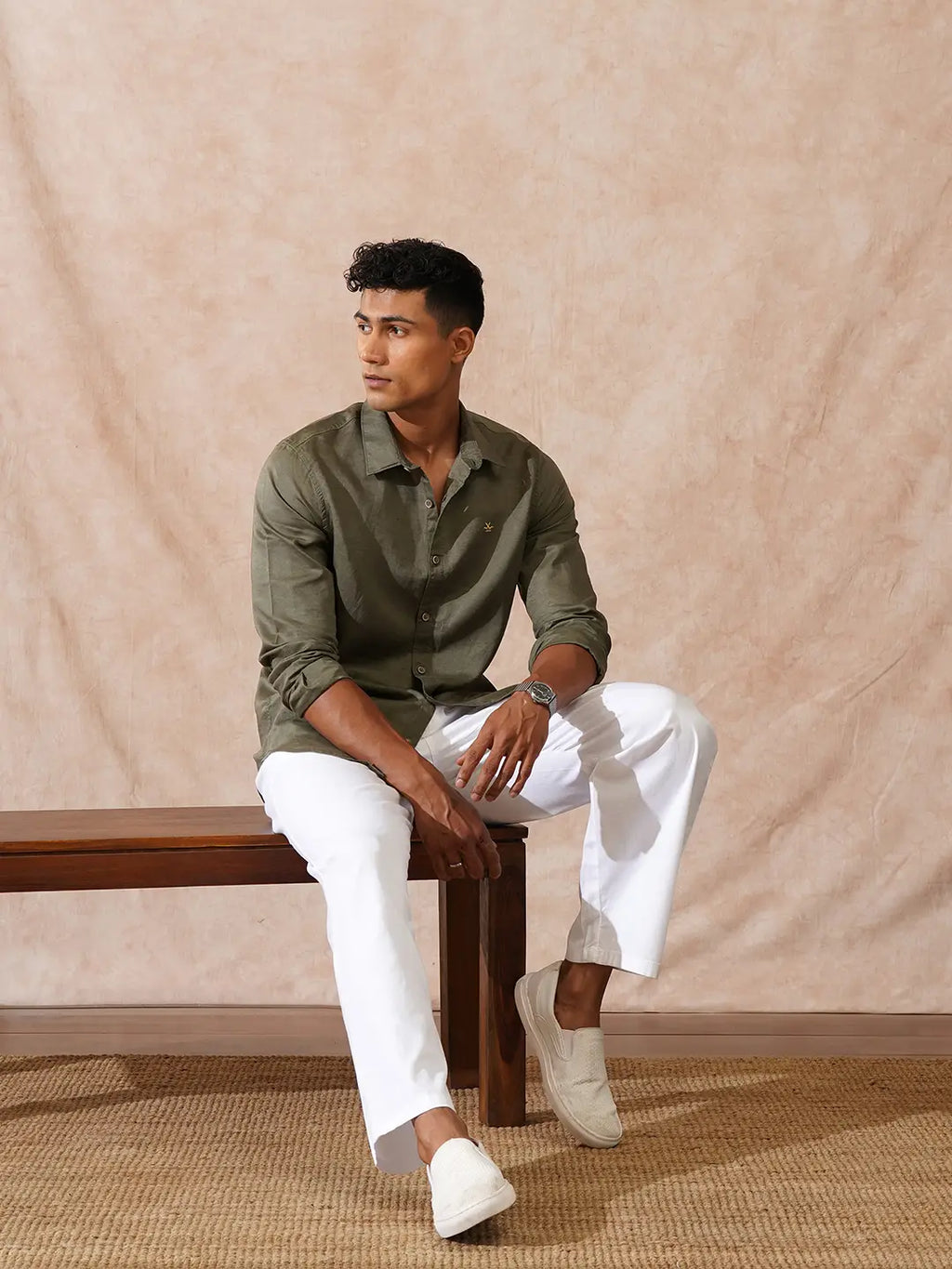 Solid Linen Blend Shirt | Olive