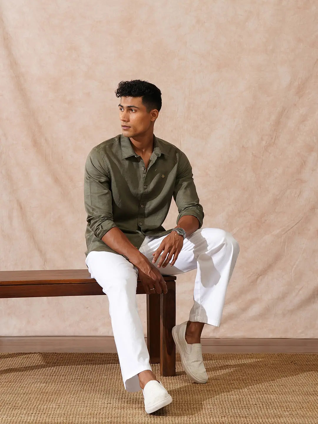 Solid Linen Blend Shirt | Olive