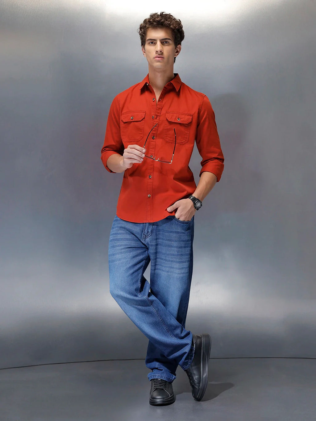 men's casual slim fit double pocket shirt | Rust