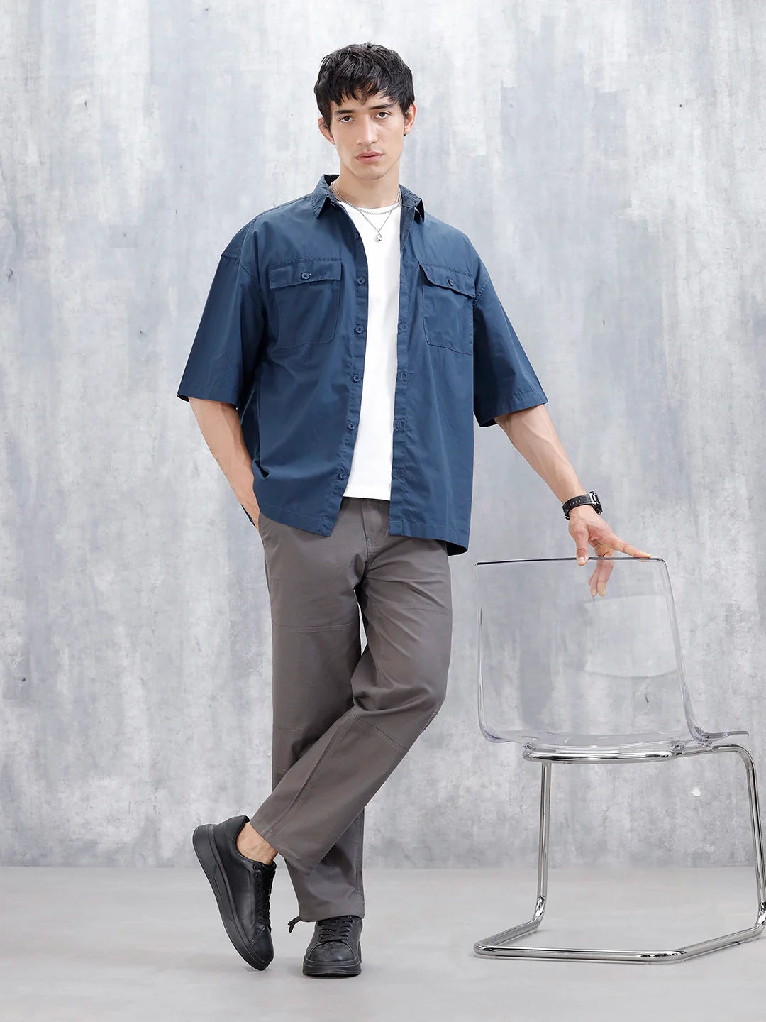 Wrogn Men's Oversized Plus Double Pocket Shirt | Blue