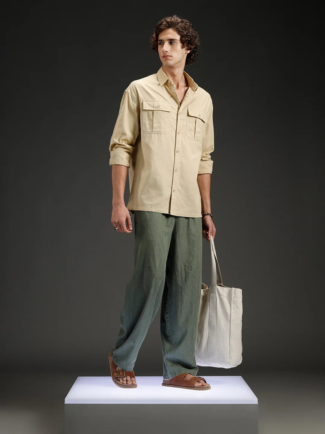Men's casual oversized fit double pocket shirt  | Khaki