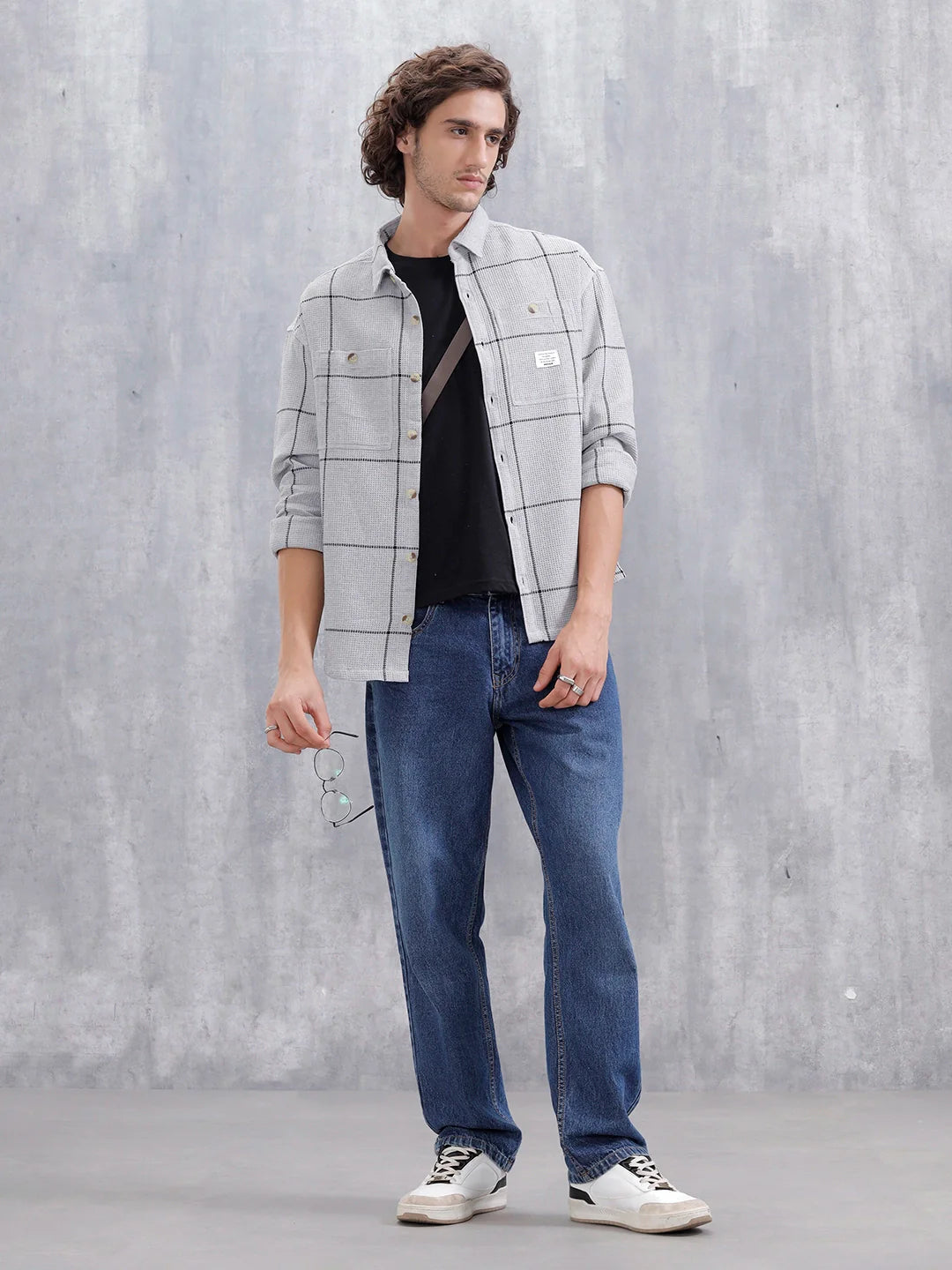 Men Checkered Pattern Oversized Fit Shirt | Grey