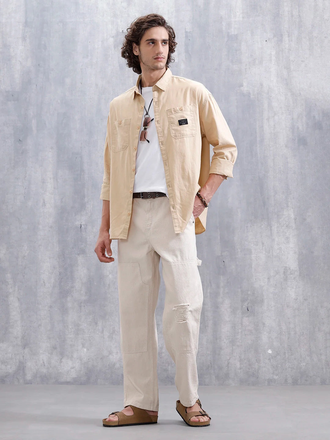 Oversized Fit Double Pocket Solid Shirt | Beige