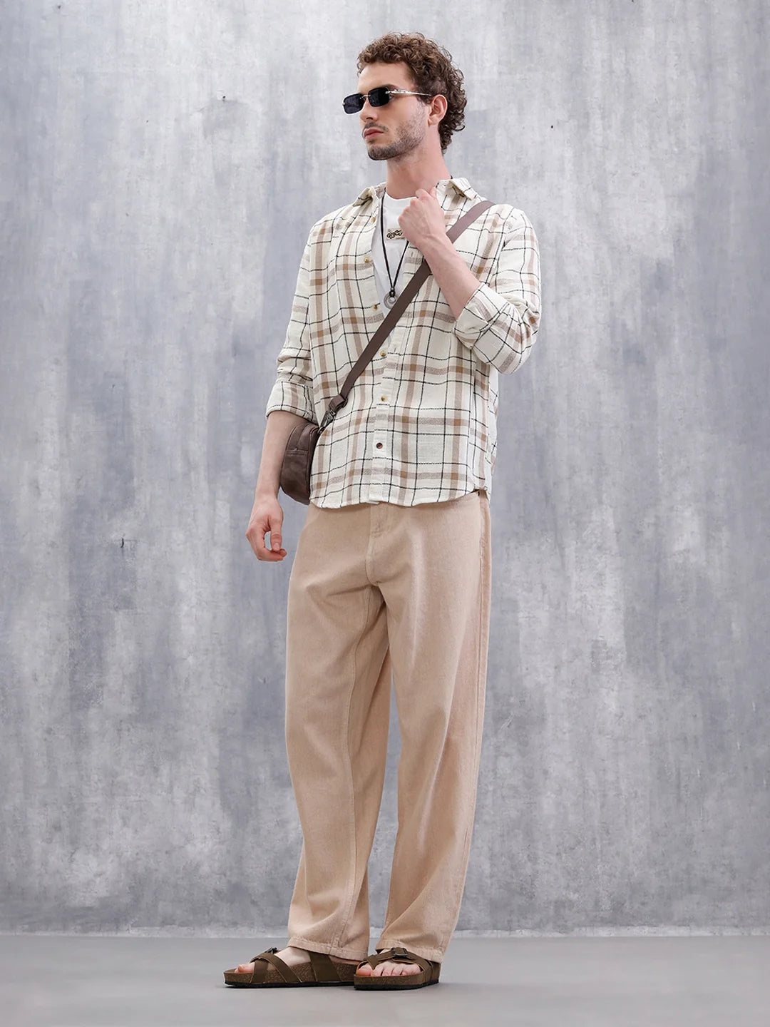 Textured Checks Slim Fit Shirt  | Khaki
