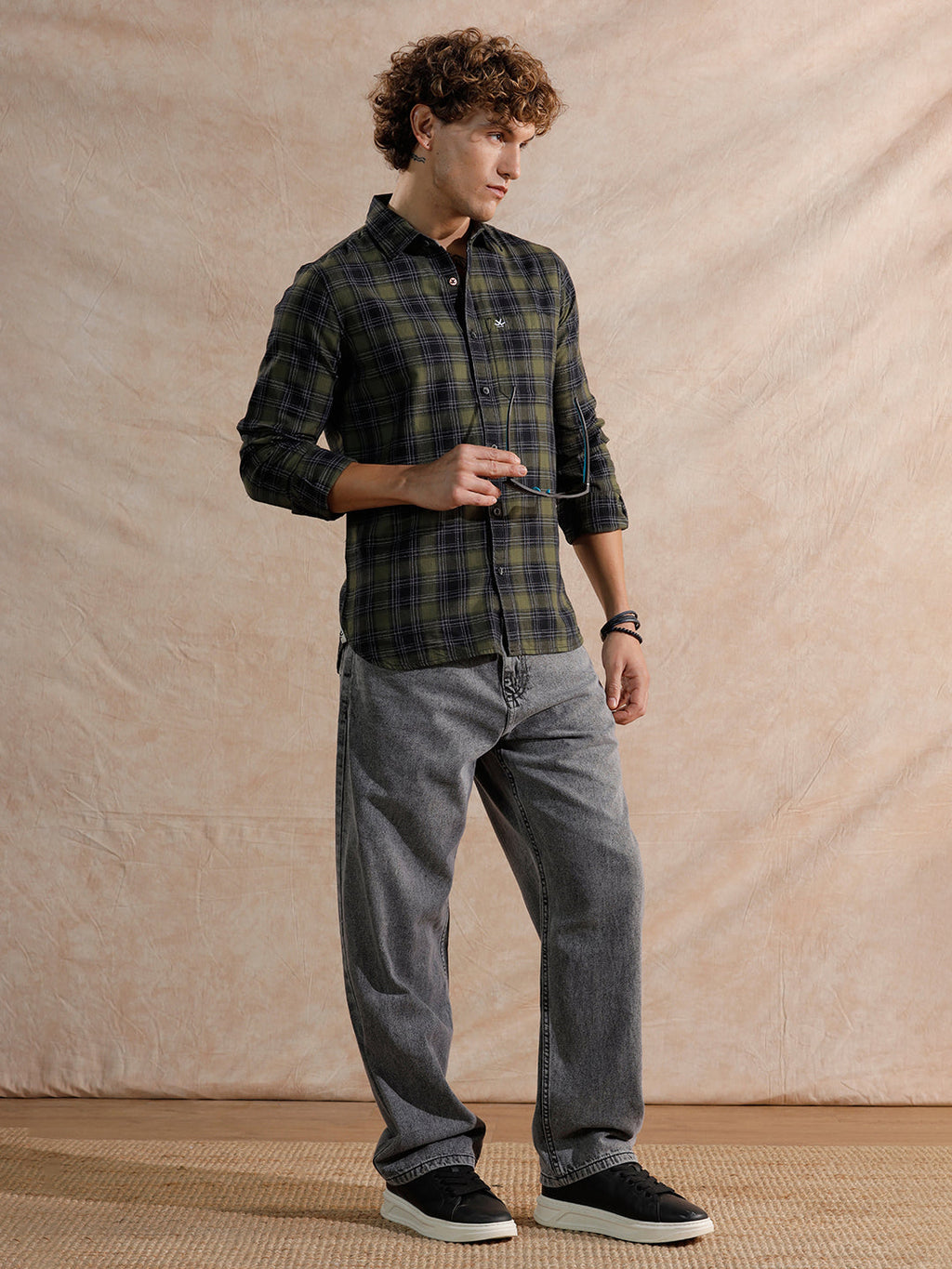 Tonal Herringbone Checked Fit Shirt | Green