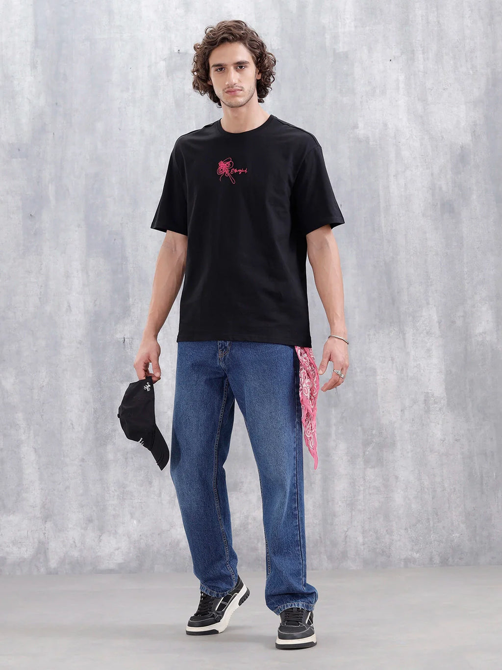 Men's Casual Embroidered Oversized Fit T-Shirt | Black