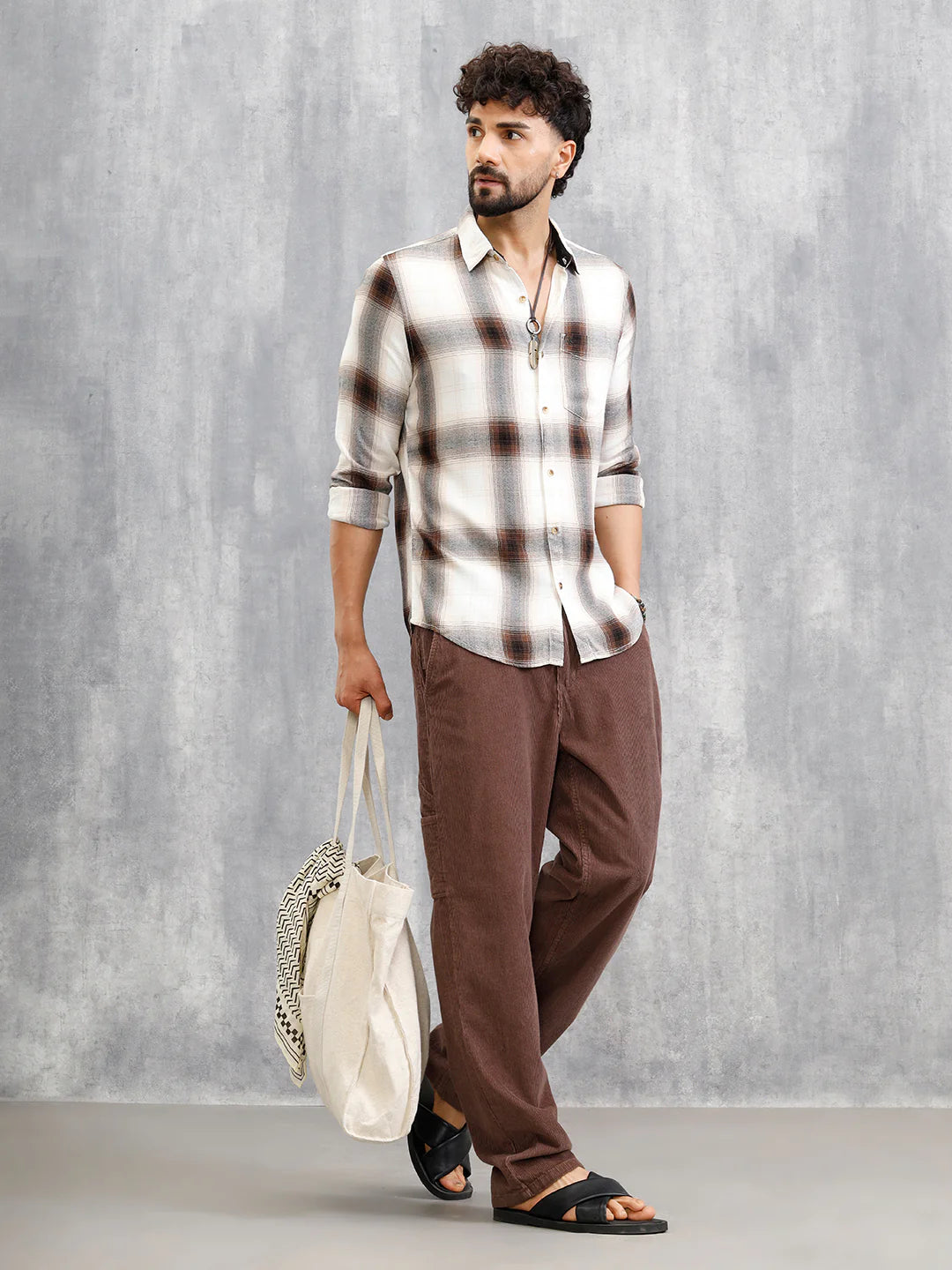 Large Scale Check Shirt In Crepe Fabric | Khaki