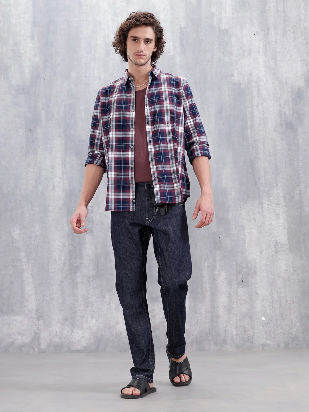 Slim Fit Cotton Indigo Twill Check Shirt | Maroon